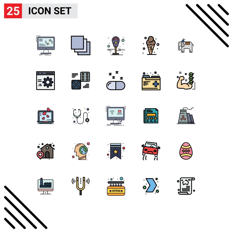 User Interface Pack of 25 Basic Filled line Flat Colors of browser elephant machine ice cone Editable Vector Design Elements
