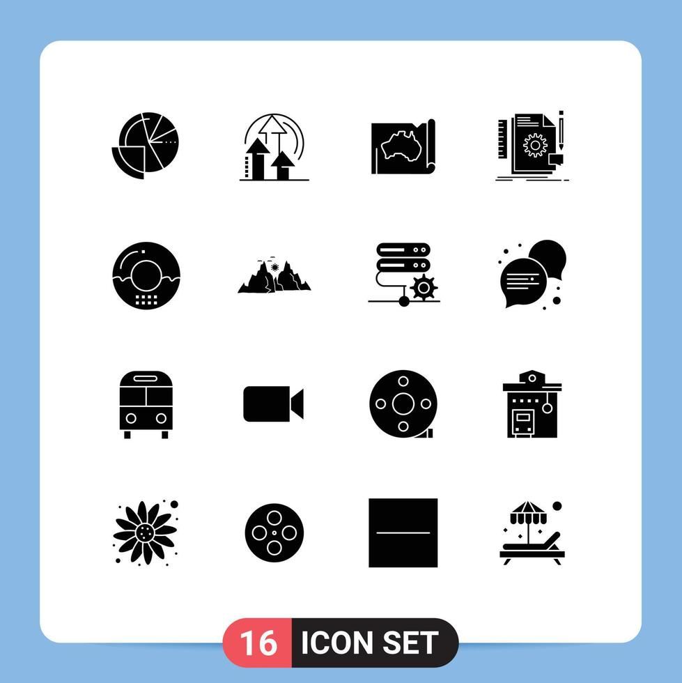 User Interface Pack of 16 Basic Solid Glyphs of develop creative product travel location Editable Vector Design Elements