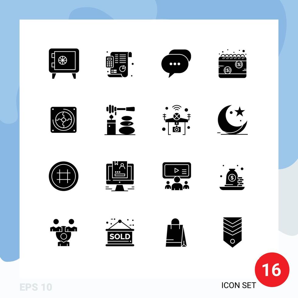 grupo de 16 signos y símbolos de glifos sólidos para elementos de diseño de vectores editables de dinero de horario de conversación de impuestos de hardware