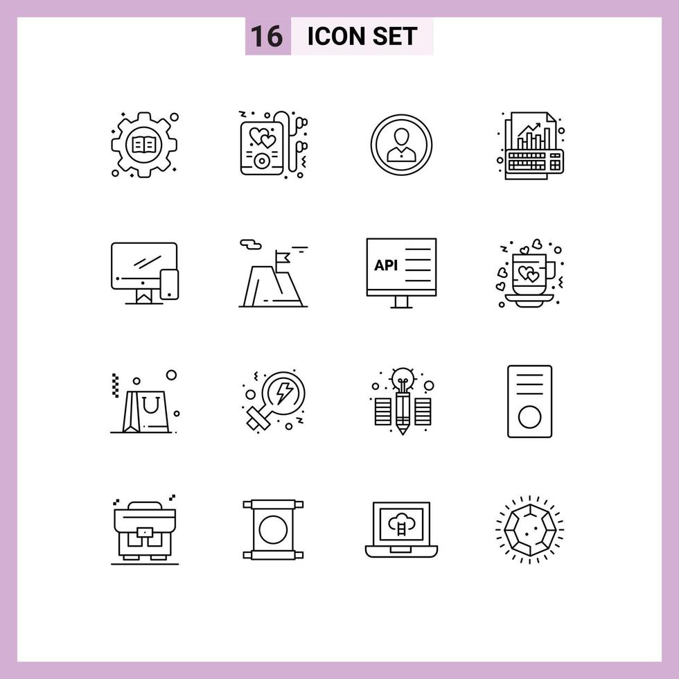 Pack of 16 Modern Outlines Signs and Symbols for Web Print Media such as growth data human analysis profile Editable Vector Design Elements