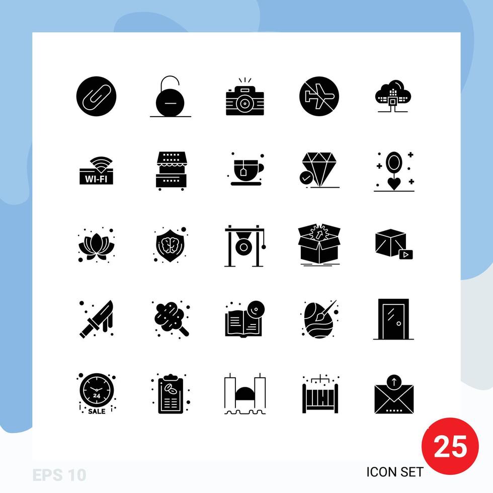 conjunto moderno de 25 pictogramas de glifos sólidos de elementos de diseño de vector editables de imagen deshabilitada de cámara voladora de señal