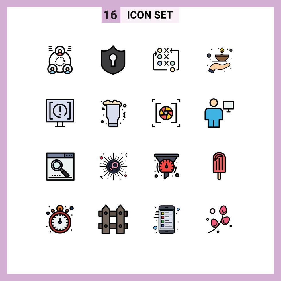 16 signos de línea llenos de color plano universal símbolos de lámpara de contacto mover cuidado de la llama elementos de diseño de vector creativo editable
