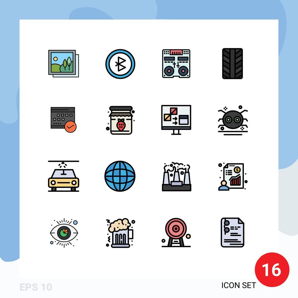 Pack of 16 creative Flat Color Filled Lines of calendar approved console schedule tires Editable Creative Vector Design Elements