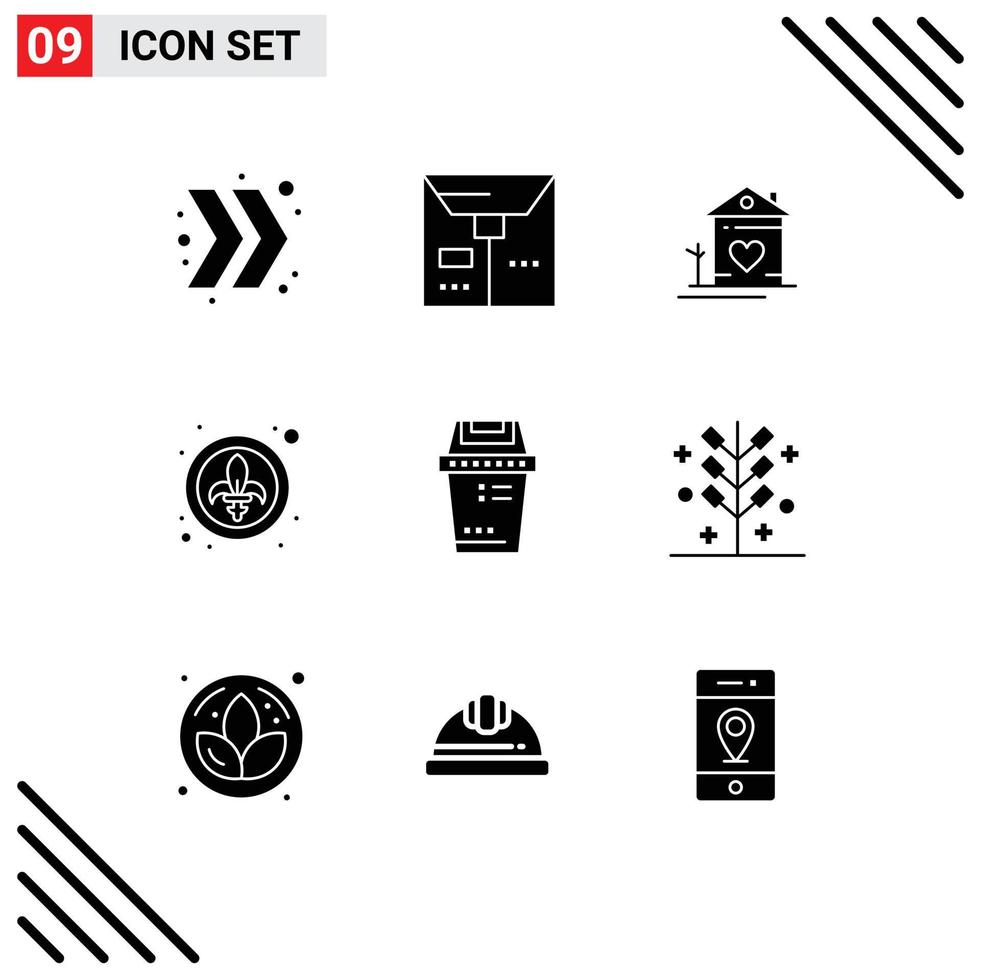 Pictogram Set of 9 Simple Solid Glyphs of junk bin family lys festival Editable Vector Design Elements