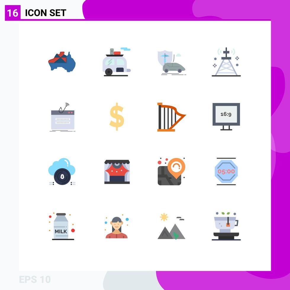 Group of 16 Flat Colors Signs and Symbols for technology network transport communications transport Editable Pack of Creative Vector Design Elements