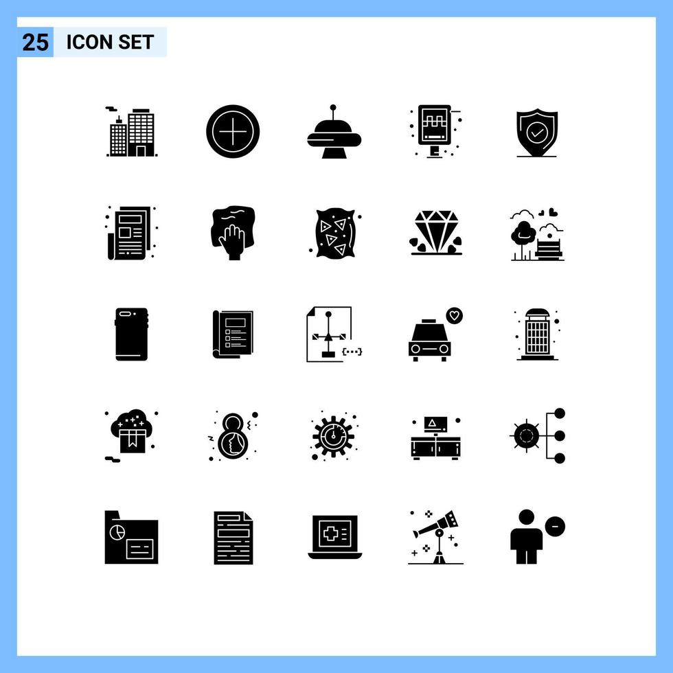 Pack of 25 Modern Solid Glyphs Signs and Symbols for Web Print Media such as secure protection space confirm station Editable Vector Design Elements