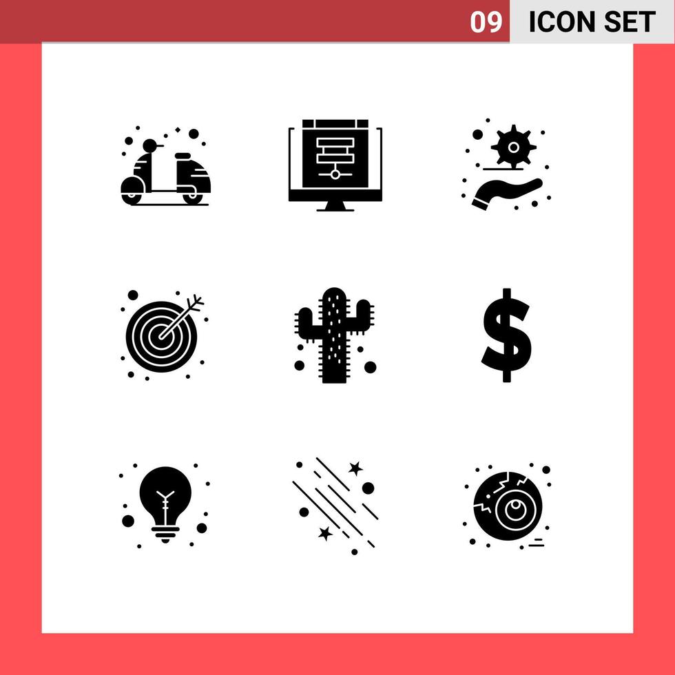 Group of 9 Modern Solid Glyphs Set for plant target online goal plan Editable Vector Design Elements