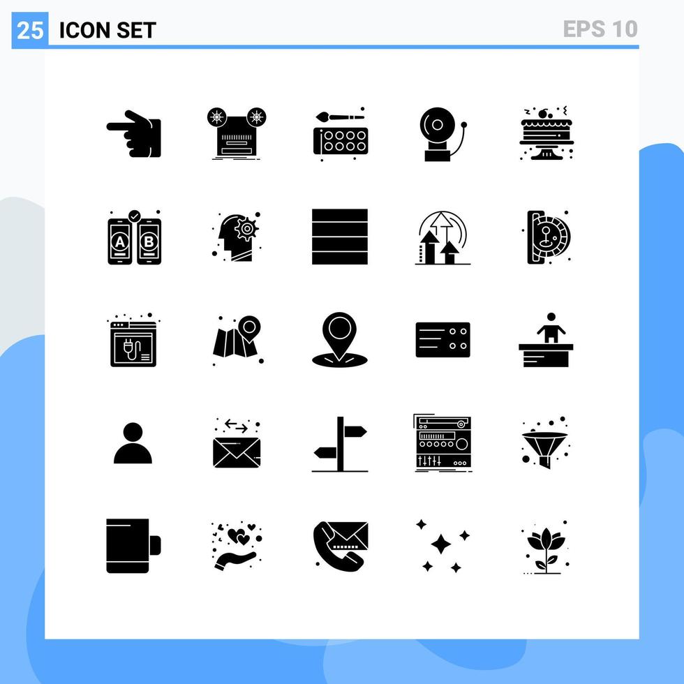 Modern Set of 25 Solid Glyphs Pictograph of cake bell music alarm education Editable Vector Design Elements