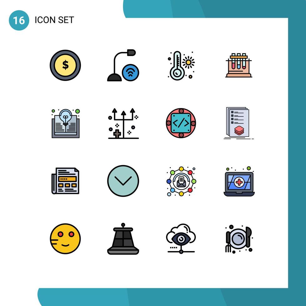 Universal Icon Symbols Group of 16 Modern Flat Color Filled Lines of book science microphone chemistry lab Editable Creative Vector Design Elements