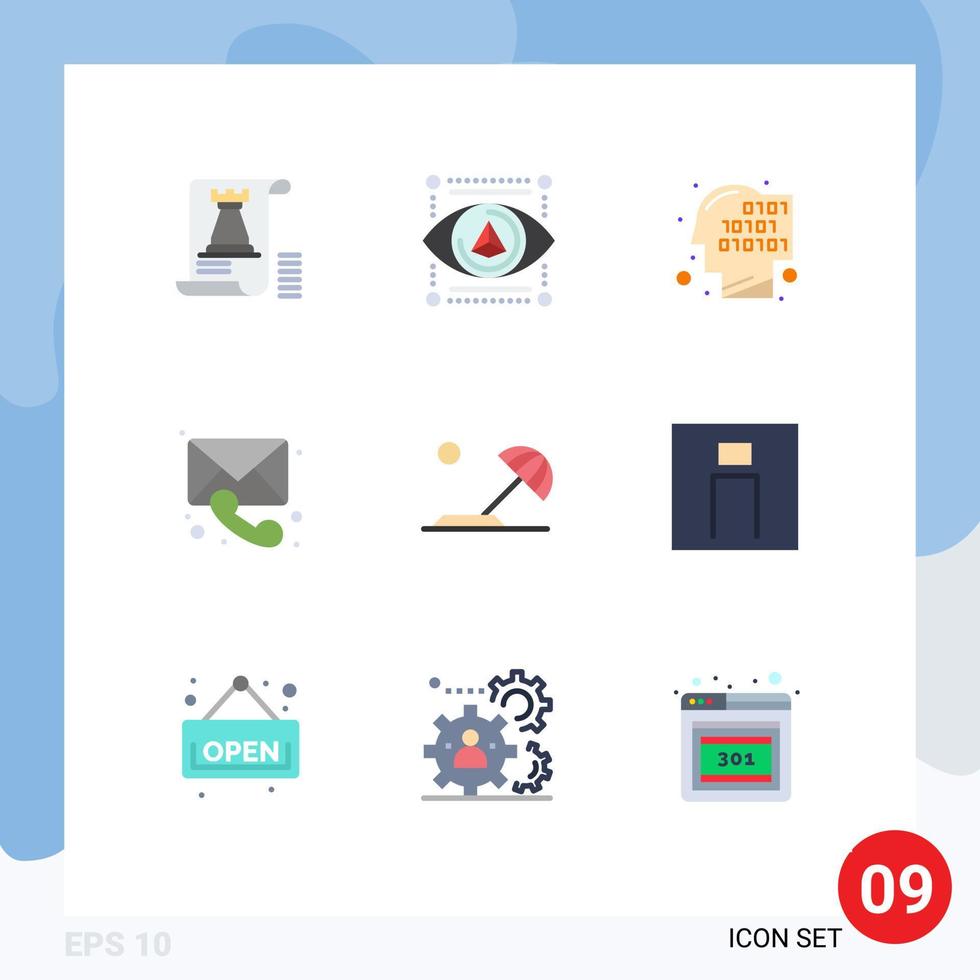 paquete de 9 signos y símbolos de colores planos modernos para medios de impresión web, como reconocimiento de chat de impresora de llamadas de playa, elementos de diseño de vectores editables