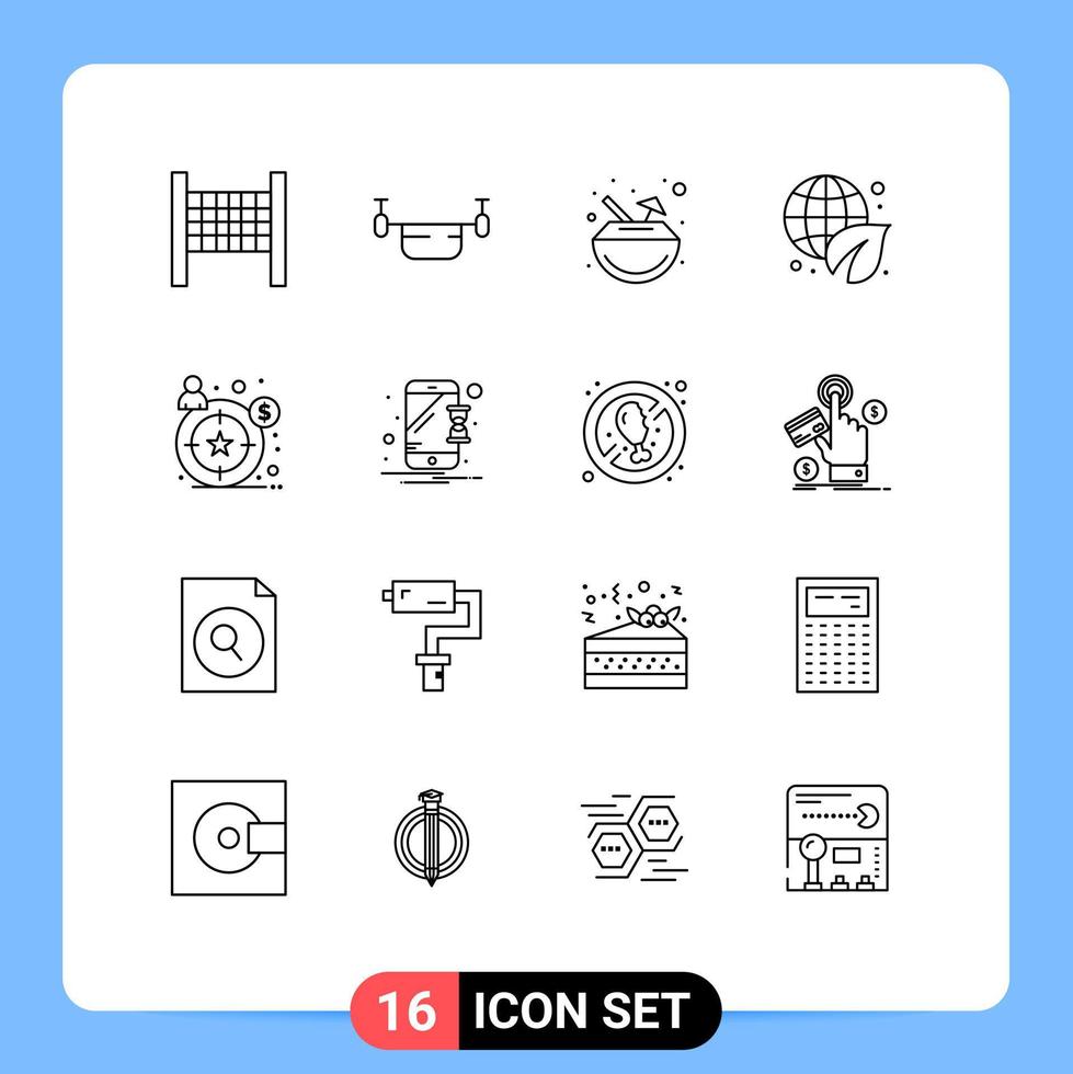 16 User Interface Outline Pack of modern Signs and Symbols of target buyer persona carnival green ecology Editable Vector Design Elements