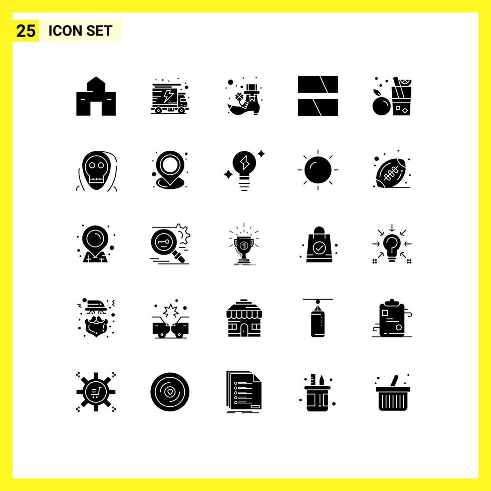 Set of 25 Commercial Solid Glyphs pack for juice beverage boot layout frame Editable Vector Design Elements