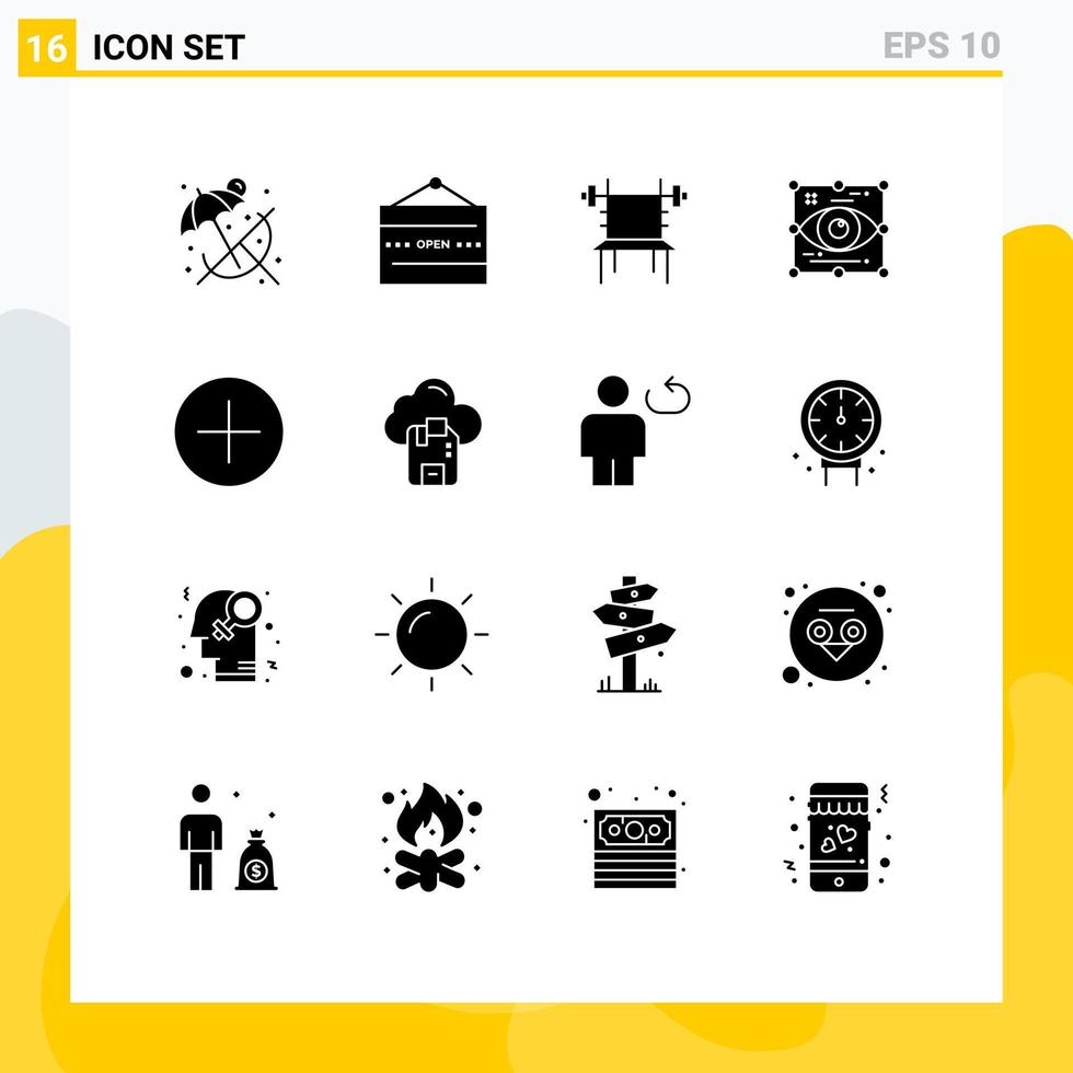 Mobile Interface Solid Glyph Set of 16 Pictograms of view eye balance design machine Editable Vector Design Elements