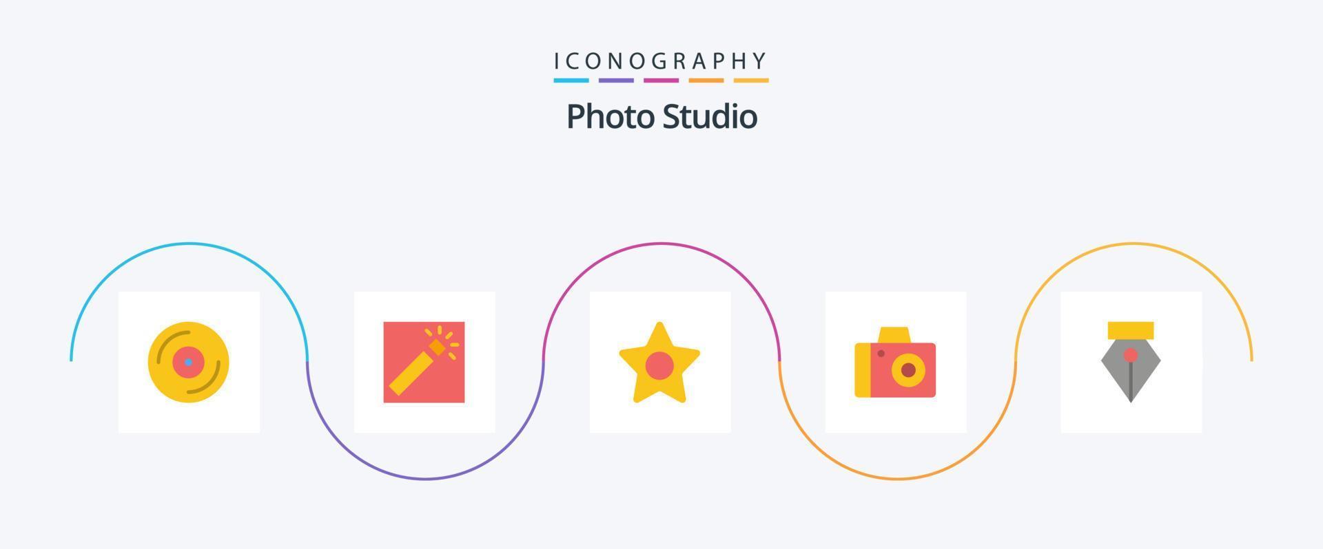 paquete de iconos de 5 planos de estudio fotográfico que incluye. foto. medios de comunicación. lápiz. estudio vector