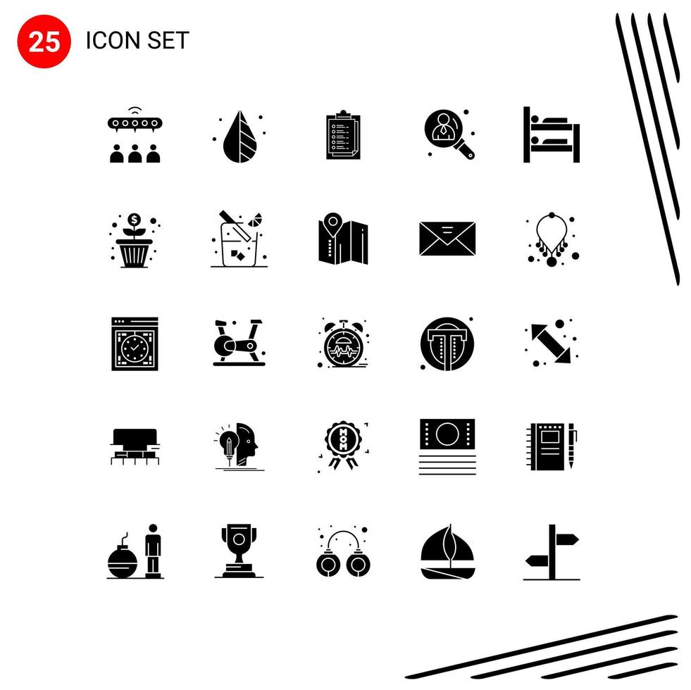 Pack of 25 Modern Solid Glyphs Signs and Symbols for Web Print Media such as bunk search notepad user business Editable Vector Design Elements