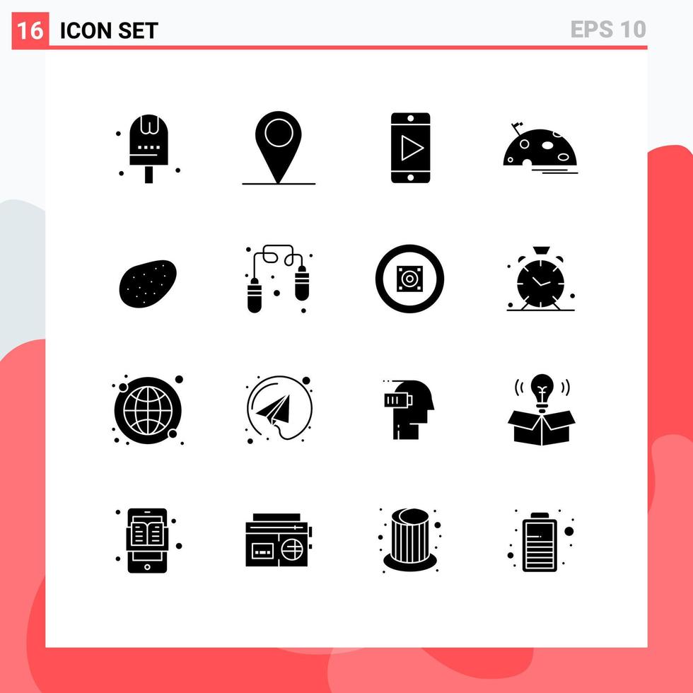 paquete de 16 signos y símbolos de glifos sólidos modernos para medios de impresión web, como elementos de diseño de vectores editables en el espacio de la bandera móvil de marte de alimentos