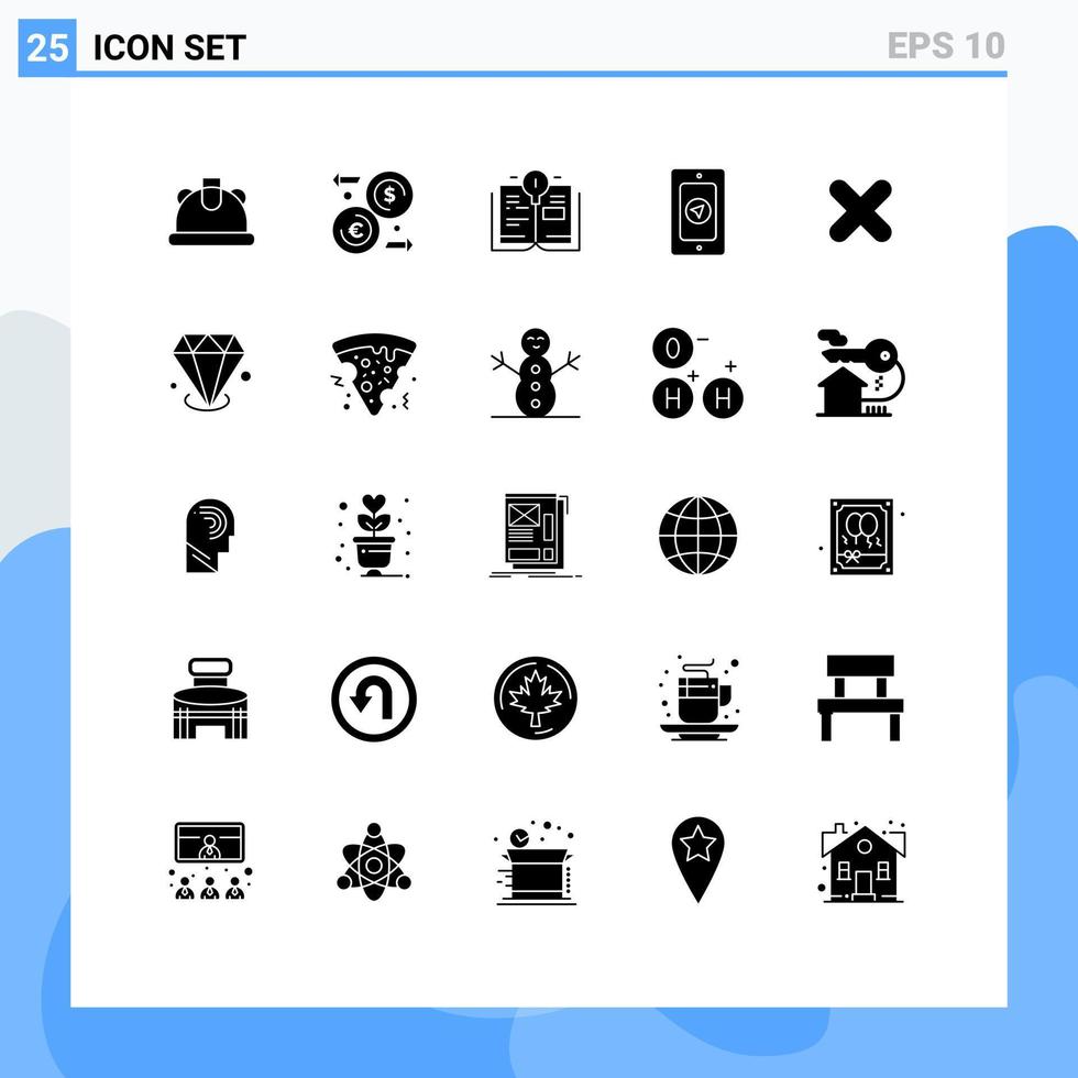 Group of 25 Modern Solid Glyphs Set for diamonf close education cancel rainy Editable Vector Design Elements