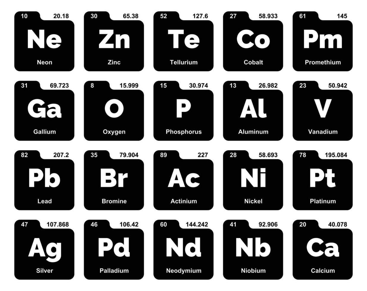 diseño de paquete de iconos de 20 tablas preiodicas de los elementos vector