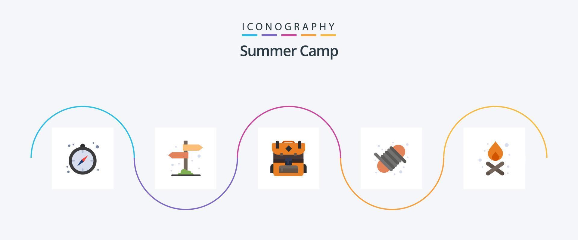 campamento de verano plano 5 paquete de iconos que incluye. hoguera. cámping. hoguera. cuerda vector