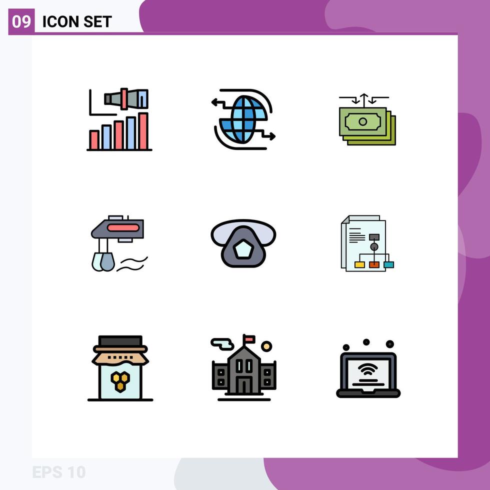 Group of 9 Modern Filledline Flat Colors Set for manual mixer communication report money Editable Vector Design Elements