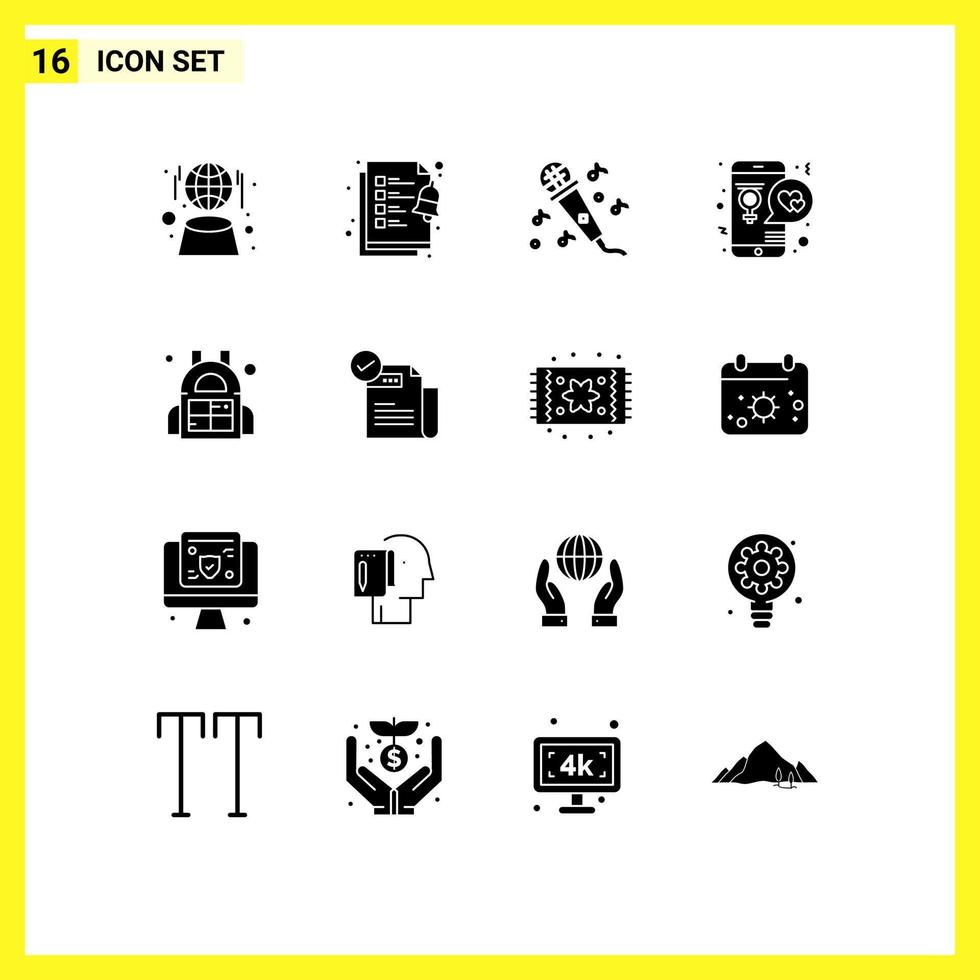 16 Universal Solid Glyphs Set for Web and Mobile Applications sport bag microphone mobile love Editable Vector Design Elements
