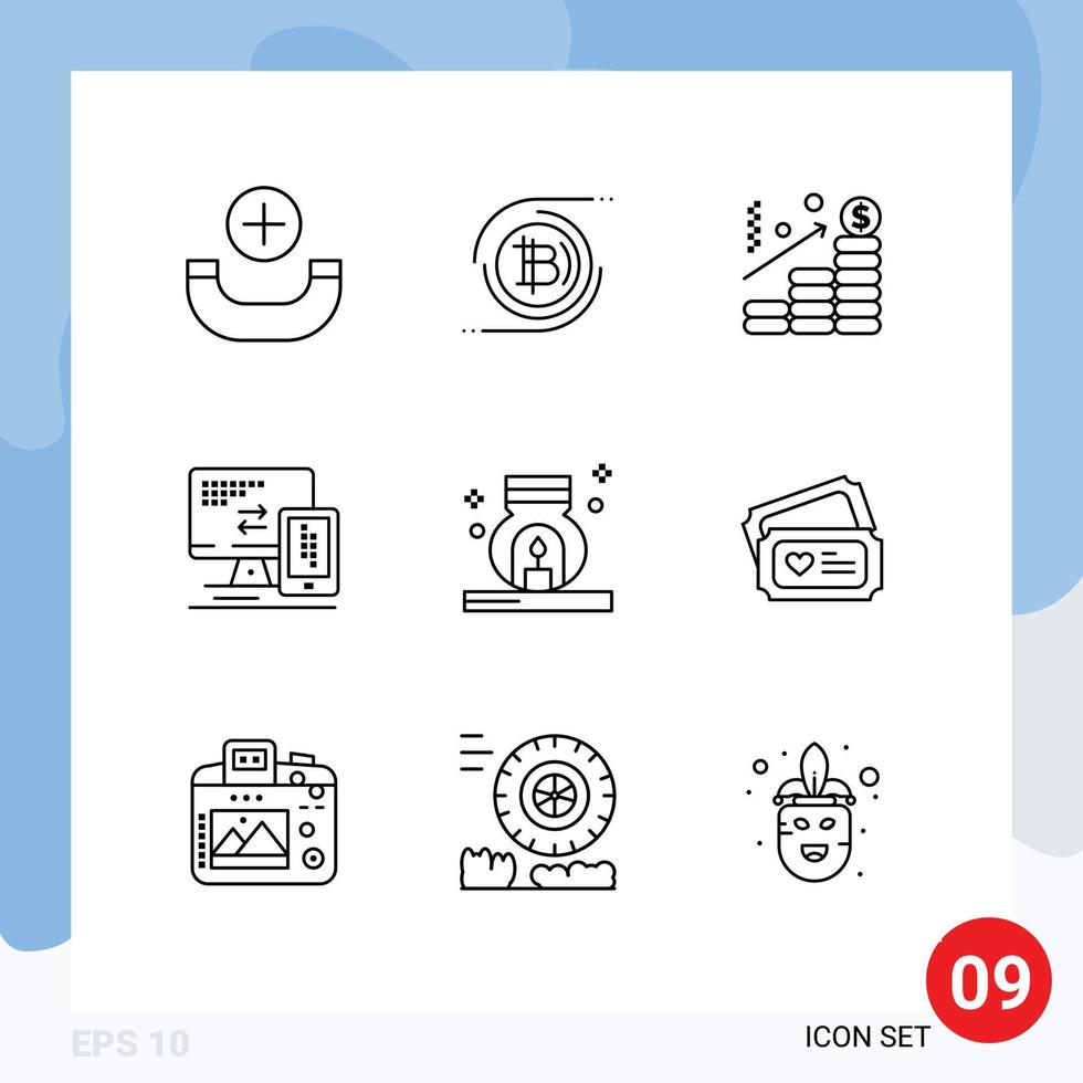 Modern Set of 9 Outlines Pictograph of relax cell analysis mobile computer Editable Vector Design Elements