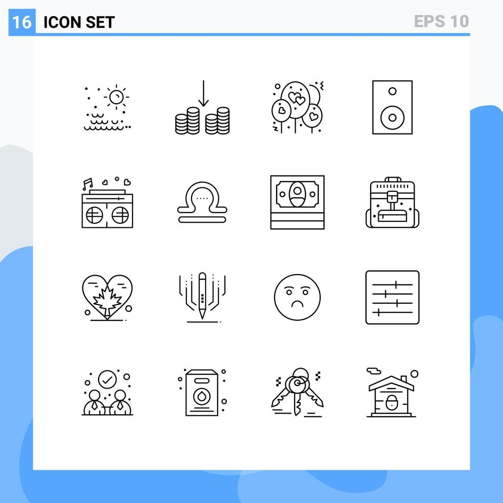 Set of 16 Modern UI Icons Symbols Signs for heart radio heart technology products Editable Vector Design Elements