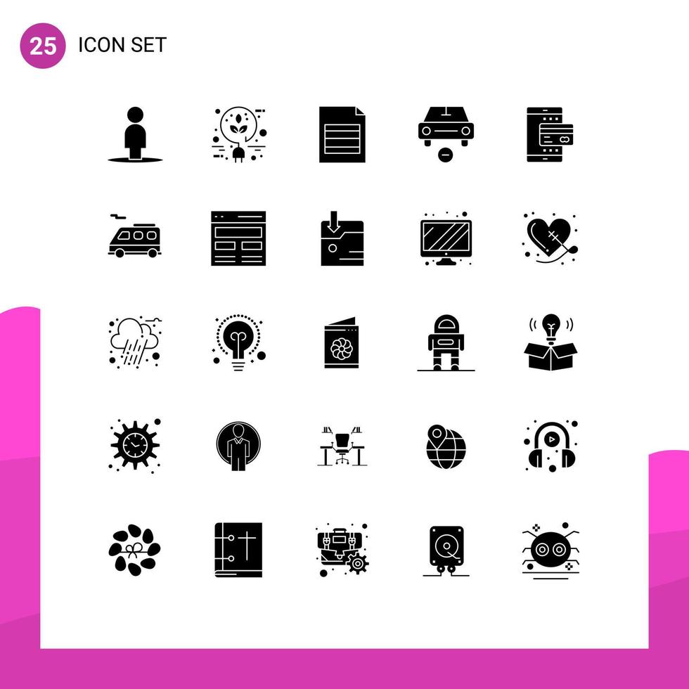 Solid Glyph Pack of 25 Universal Symbols of online card excel vehicles less Editable Vector Design Elements