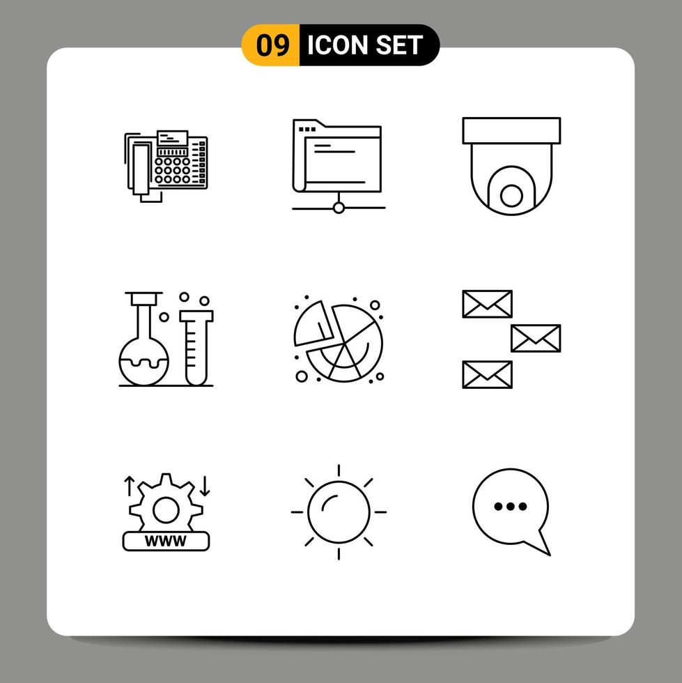 Pack of 9 creative Outlines of laboratory education remote chemistry security camera Editable Vector Design Elements