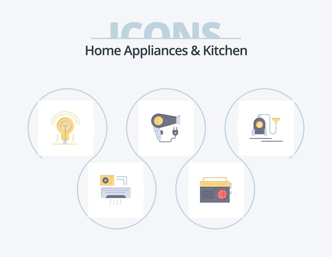 Home Appliances And Kitchen Flat Icon Pack 5 Icon Design. machine. plug. bulb. hairdryer. dryer vector