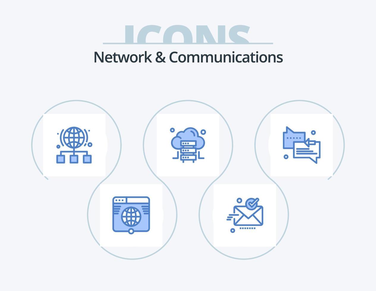 Network And Communications Blue Icon Pack 5 Icon Design. server. cloud. ok. server. link vector