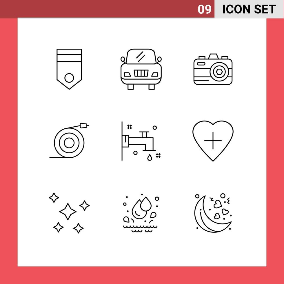 Stock Vector Icon Pack of 9 Line Signs and Symbols for heart bath photo faucet pipe Editable Vector Design Elements