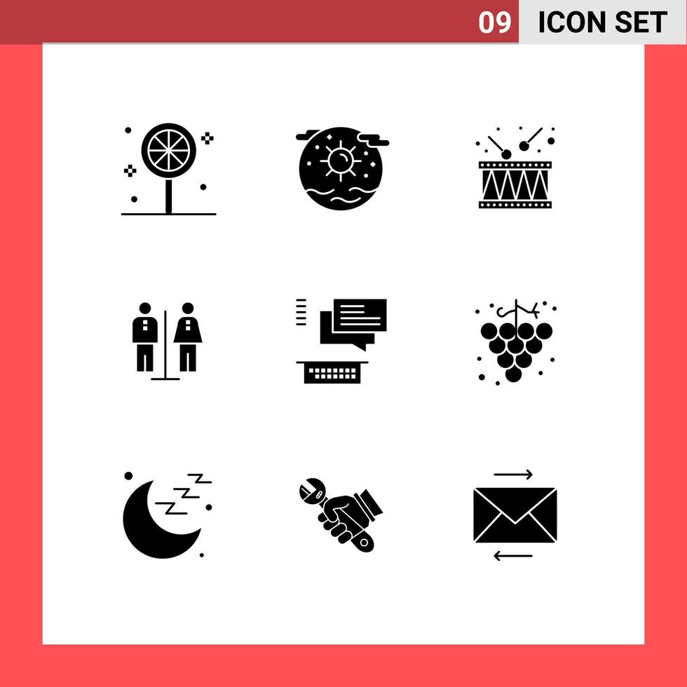 Mobile Interface Solid Glyph Set of 9 Pictograms of conversation service drum hotel elevator Editable Vector Design Elements