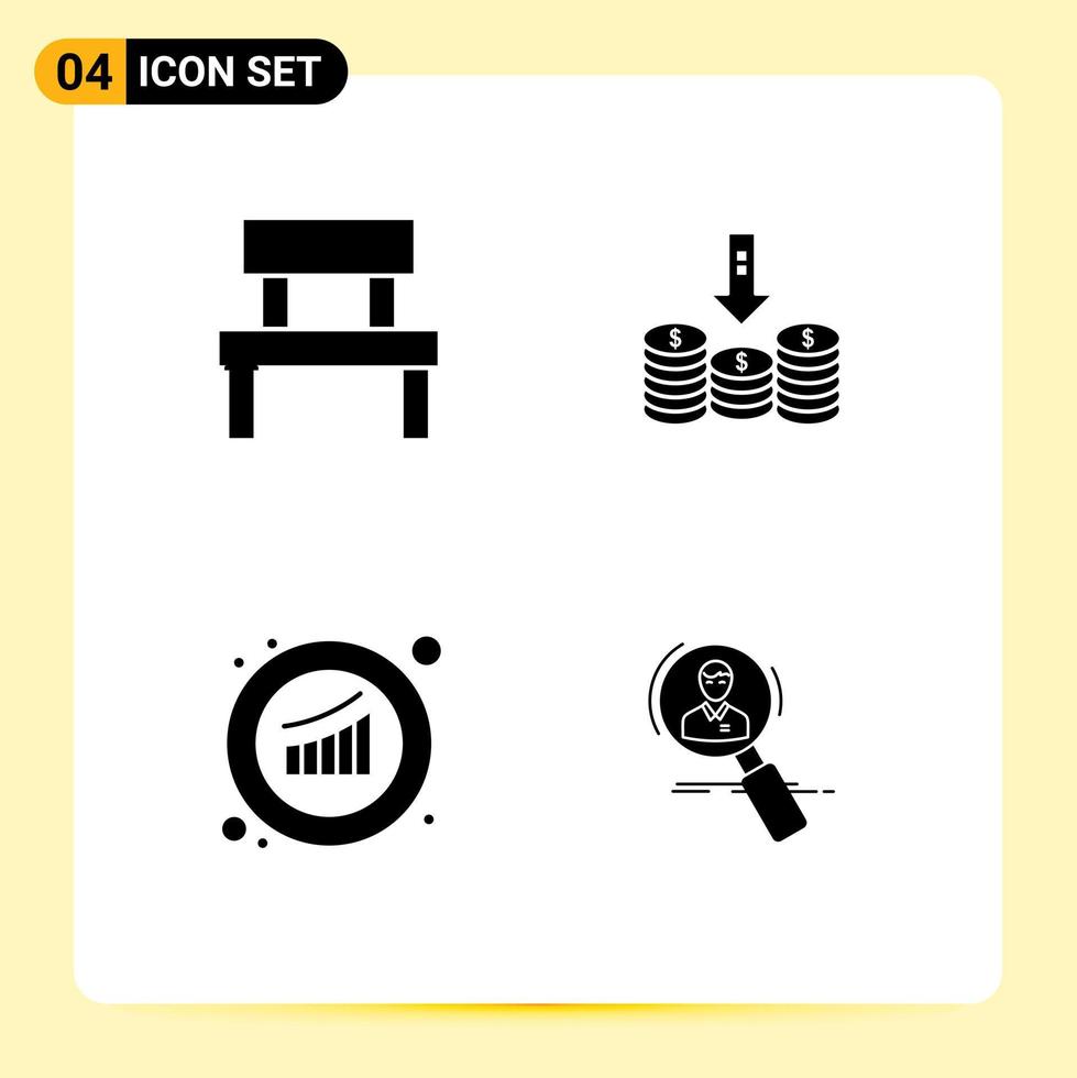 4 Solid Glyph concept for Websites Mobile and Apps bench arrow interior cash growth Editable Vector Design Elements