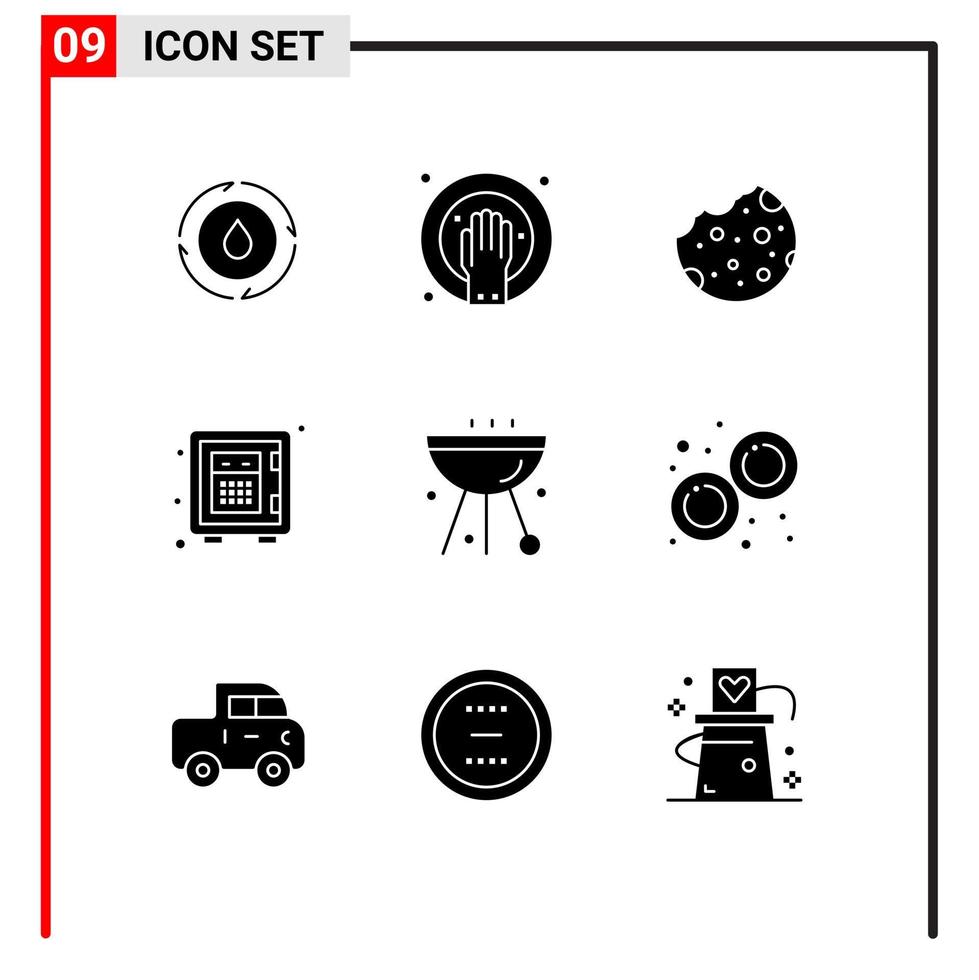 Set of 9 Vector Solid Glyphs on Grid for bbq money bake safe deposit Editable Vector Design Elements