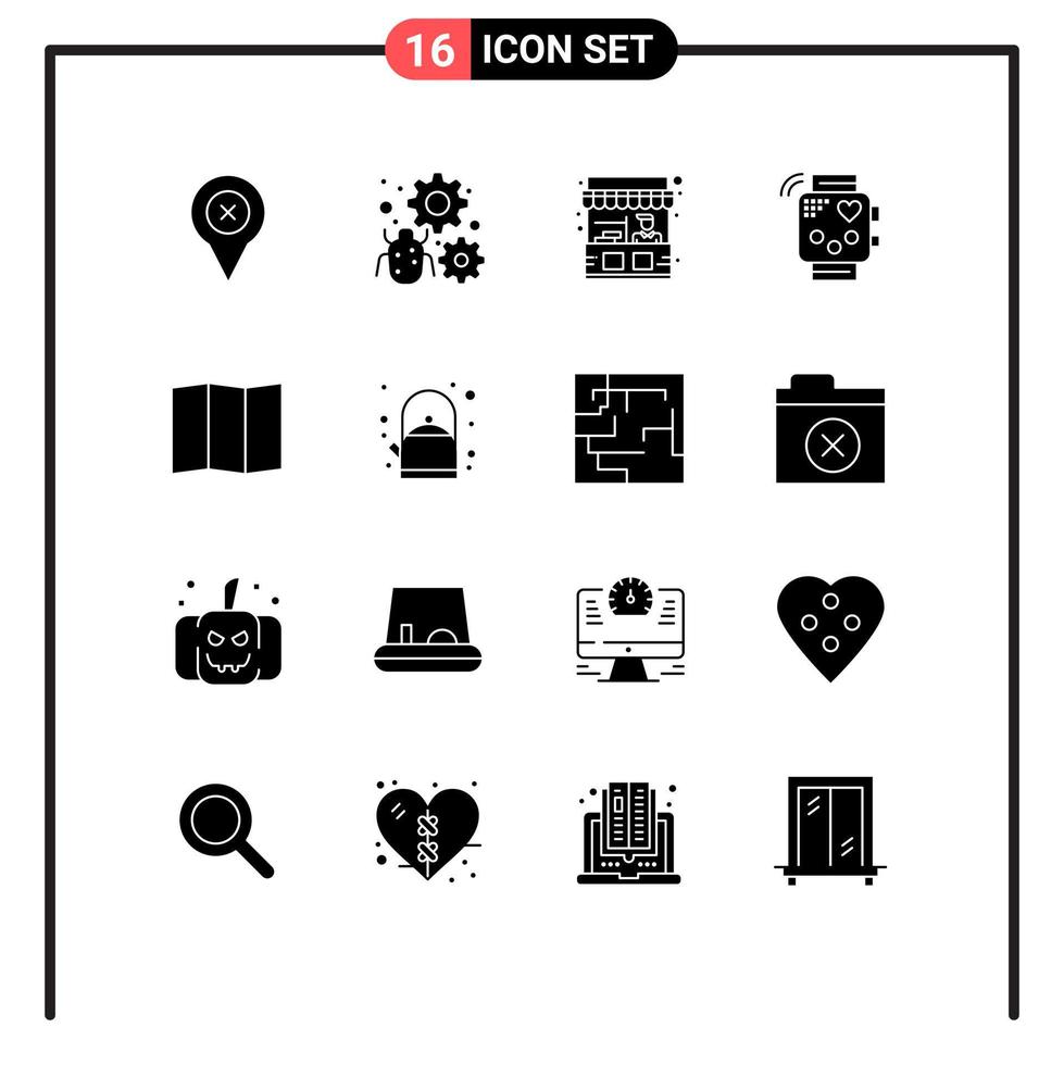 Pack of 16 Modern Solid Glyphs Signs and Symbols for Web Print Media such as monitoring fitness gear device street Editable Vector Design Elements