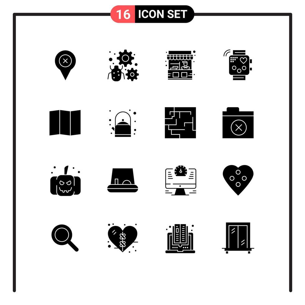 paquete de 16 signos y símbolos de glifos sólidos modernos para medios de impresión web, como el control de elementos de diseño de vectores editables en la calle del dispositivo de fitness