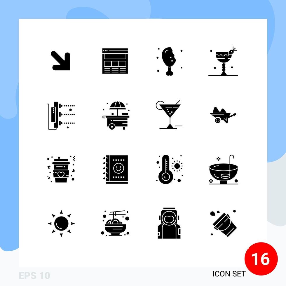 Universal Icon Symbols Group of 16 Modern Solid Glyphs of printing eat chicken leg food cocktail Editable Vector Design Elements