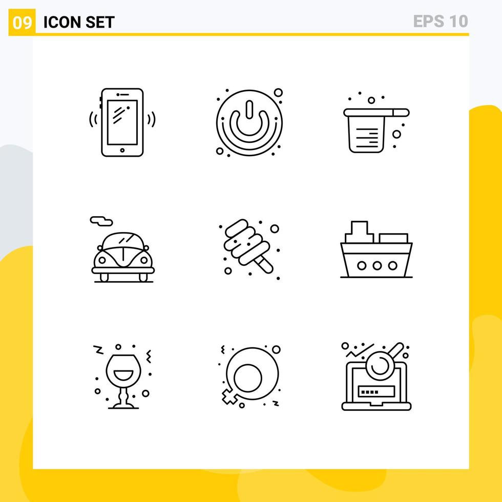 Modern Set of 9 Outlines Pictograph of transport automobile shutdown measuring cooking Editable Vector Design Elements