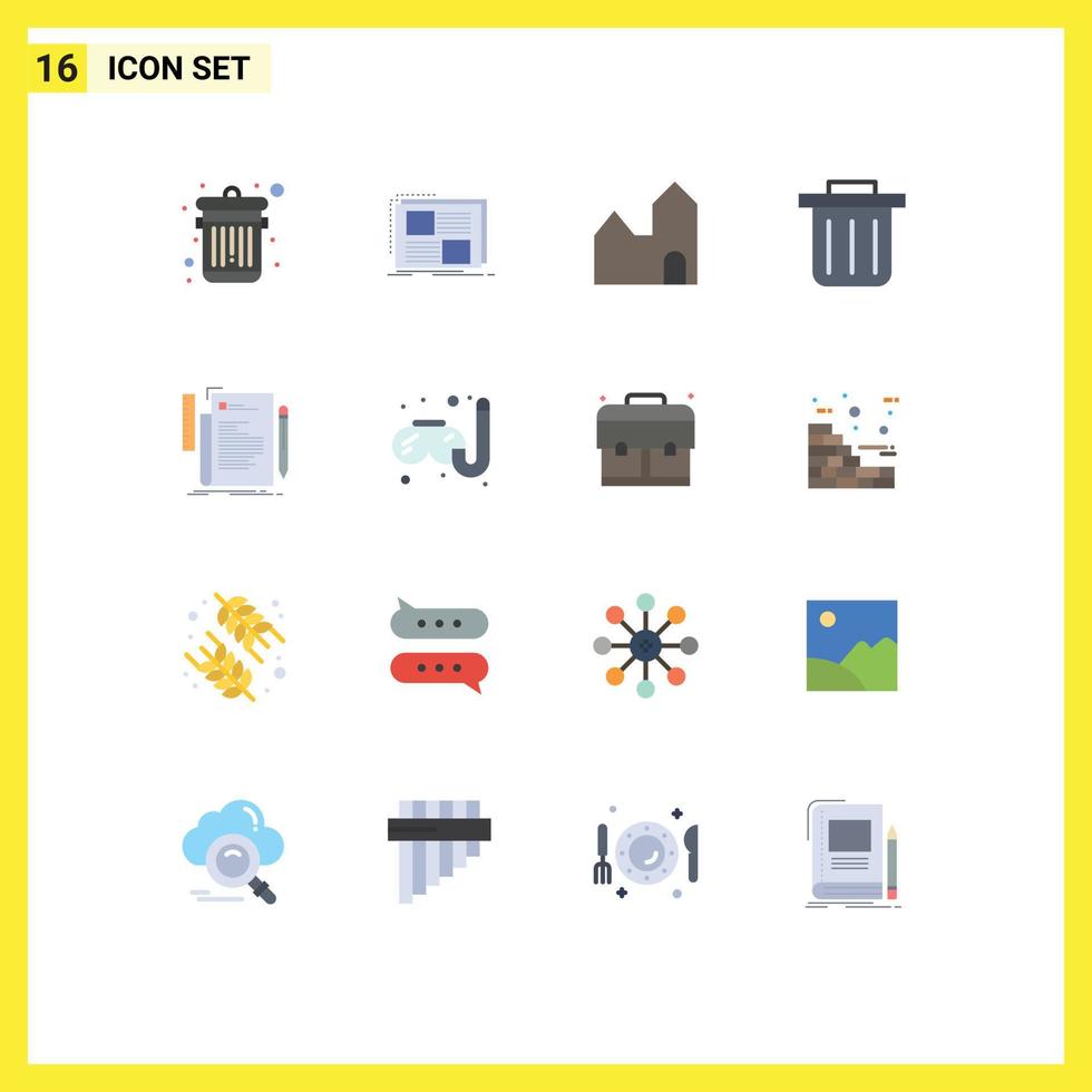 Pack of 16 Modern Flat Colors Signs and Symbols for Web Print Media such as script file factory coding recycling bin Editable Pack of Creative Vector Design Elements