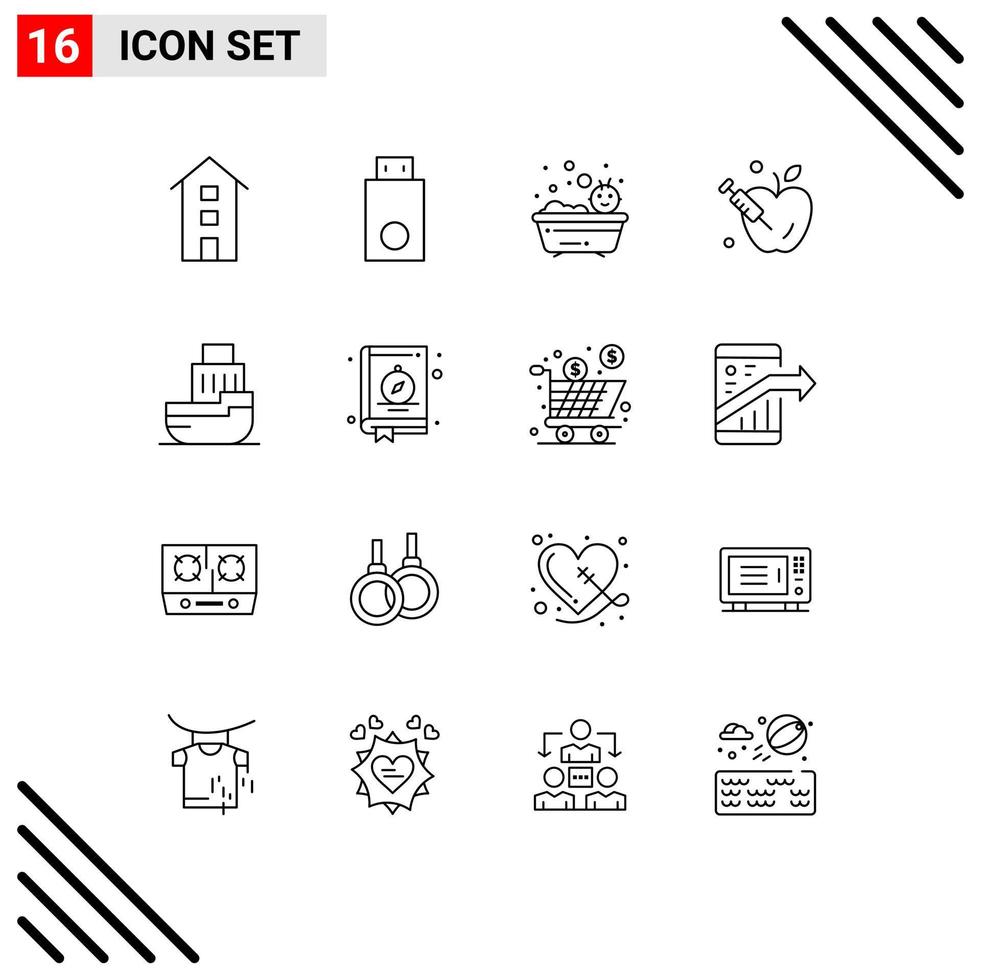 Group of 16 Modern Outlines Set for delivery gravity products apple bathing Editable Vector Design Elements