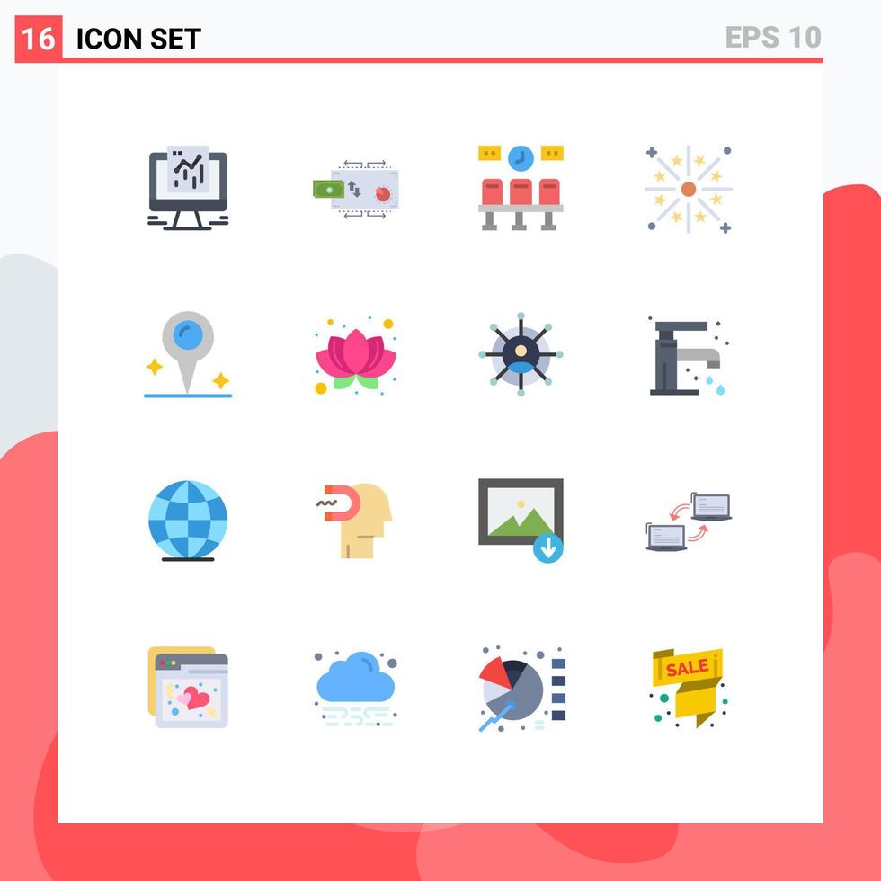 16 User Interface Flat Color Pack of modern Signs and Symbols of light firework payments festivity clock Editable Pack of Creative Vector Design Elements
