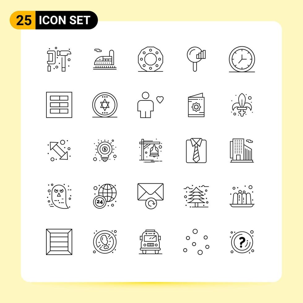 Universal Icon Symbols Group of 25 Modern Lines of clock service celebration search shape Editable Vector Design Elements