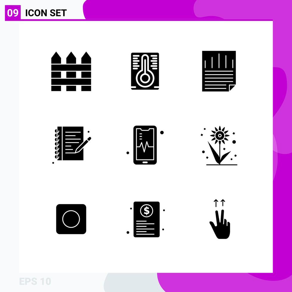 Set of 9 Vector Solid Glyphs on Grid for beat phone ok note book hobby Editable Vector Design Elements