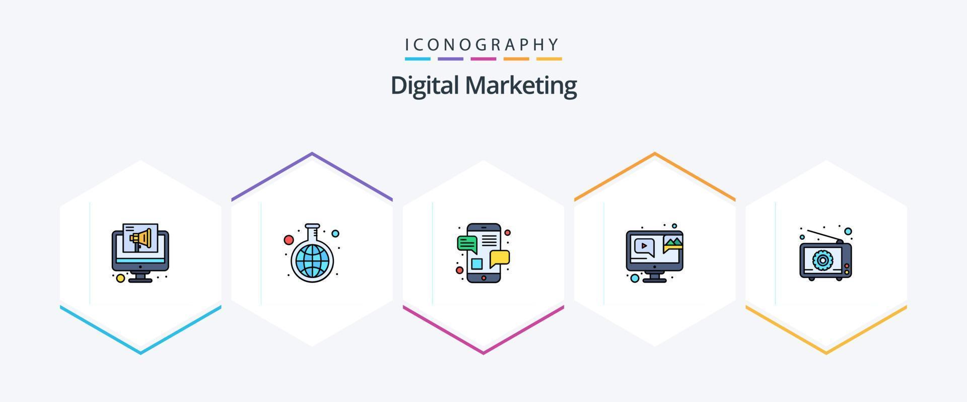 Digital Marketing 25 FilledLine icon pack including device. video. chat. online video. browser vector