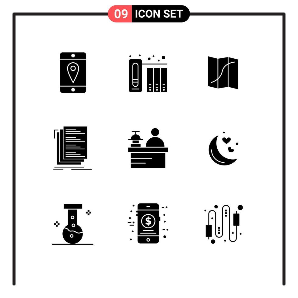 Pack of 9 Modern Solid Glyphs Signs and Symbols for Web Print Media such as hotel list location files coding Editable Vector Design Elements