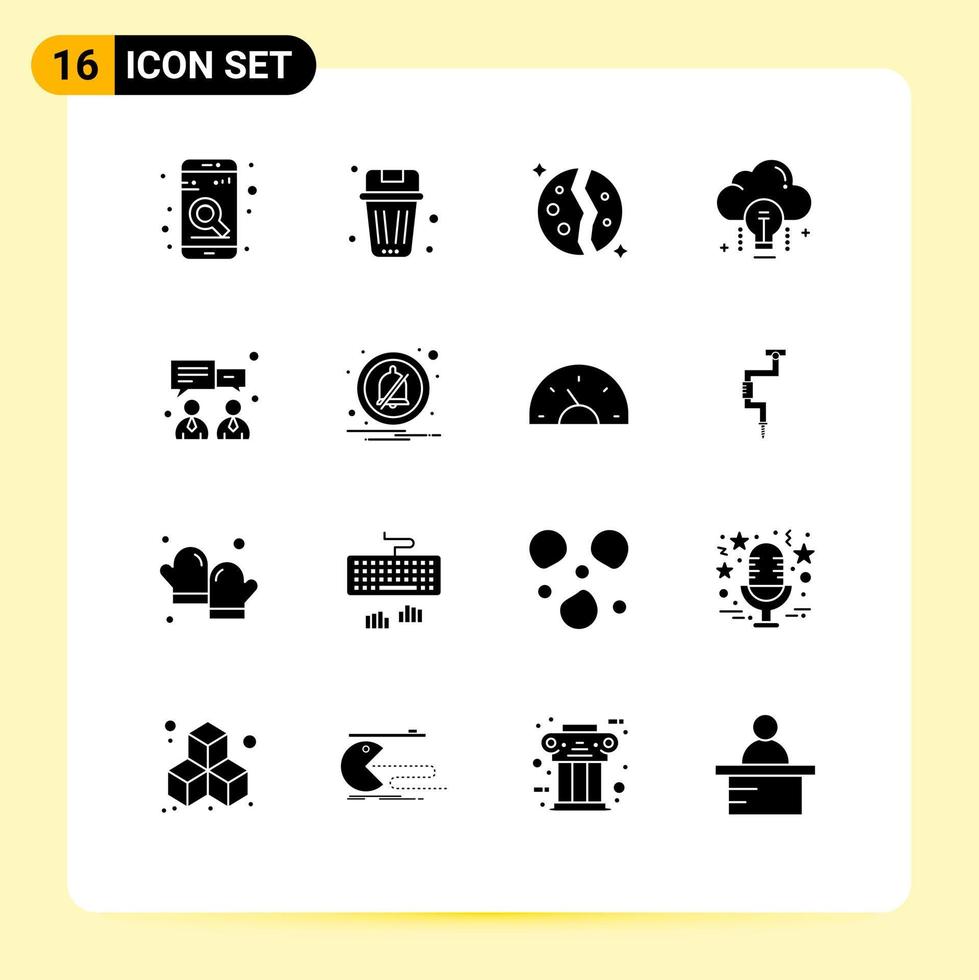 Modern Set of 16 Solid Glyphs Pictograph of bulb idea trash cloud planet Editable Vector Design Elements