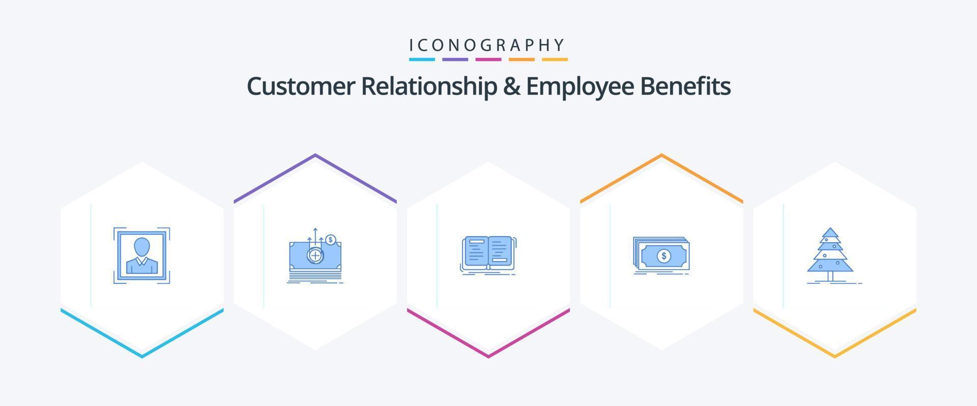 relación con el cliente y beneficios para empleados 25 paquete de iconos azules que incluye un árbol. transferir. libro. fondo. teoría vector