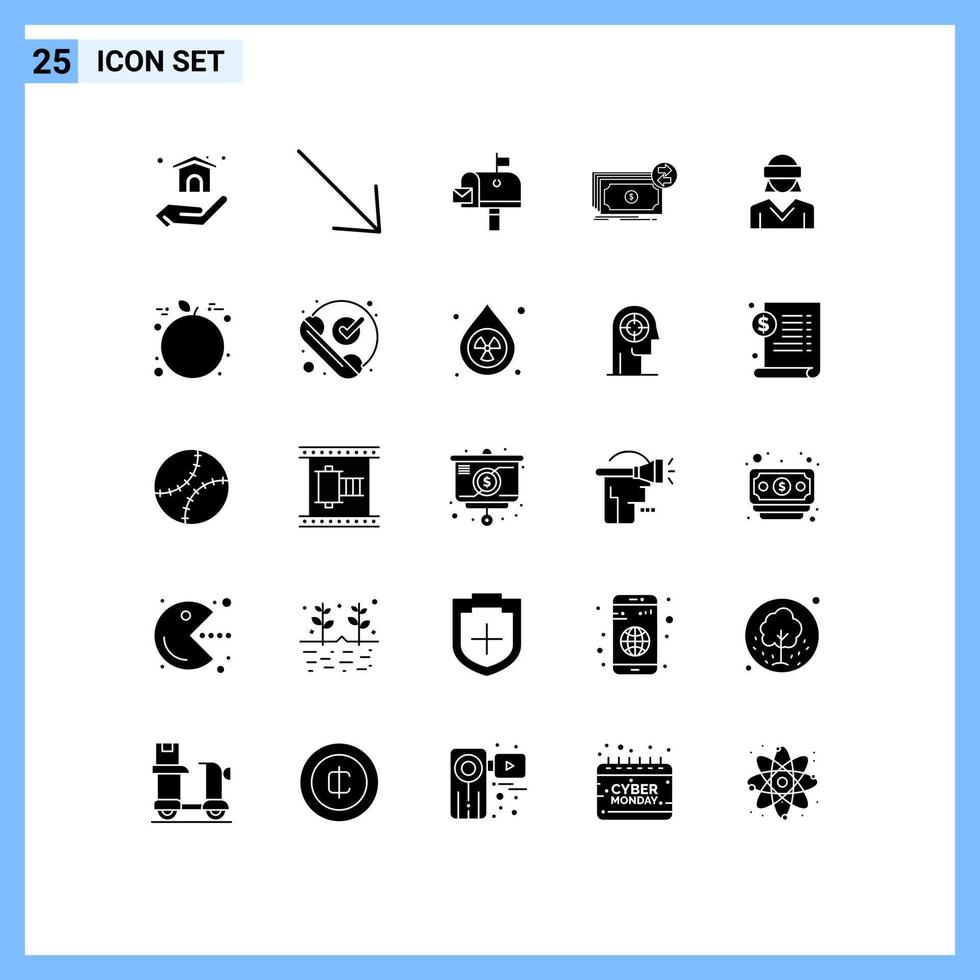 Pack of 25 Modern Solid Glyphs Signs and Symbols for Web Print Media such as reality glasses mail box money dollars Editable Vector Design Elements