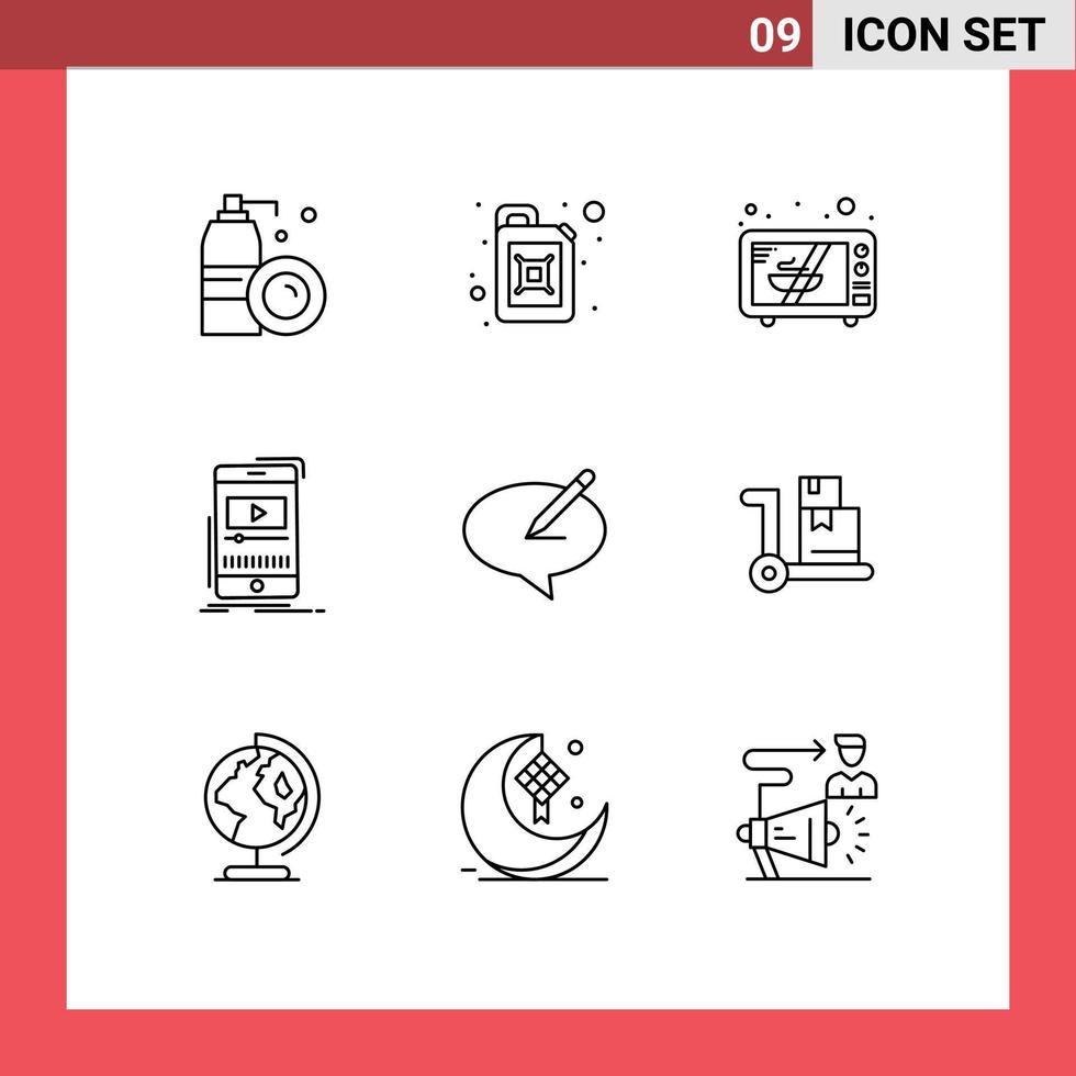 Set of 9 Modern UI Icons Symbols Signs for note chat microwave mobile player Editable Vector Design Elements